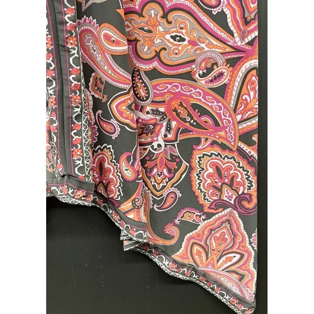 INC Skirt PS Pink Paisley Gray Coral Midi Rhinestone Sharkbite‎ Hem Stretch Boho